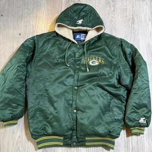 Green Bay Packers Jacket Mens L NFL Football Hooded Starter 90s Sherpa Lined